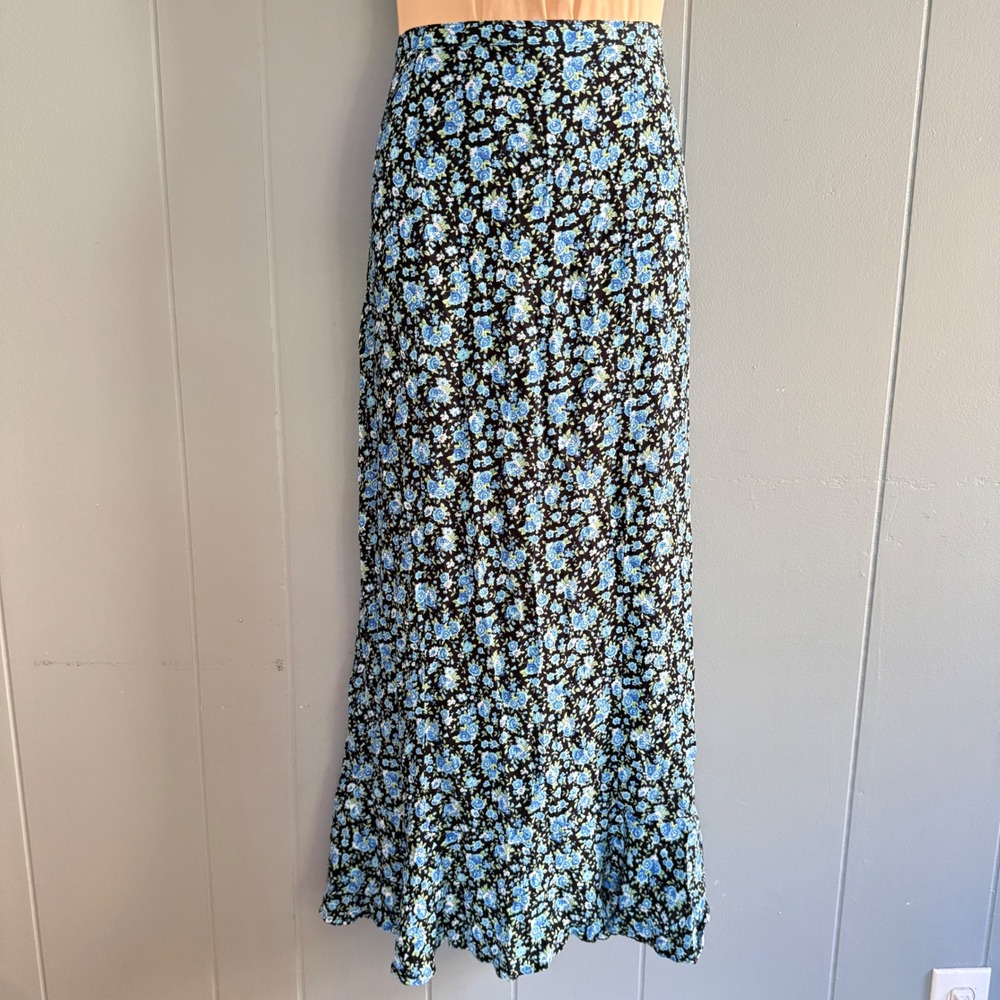 Vintage Floral Midi Skirt 14 Black Blue Corset Waist Y2K Country Cottagecore